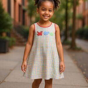 Glorimont Girls Dress Sz 4T Sleeveless Jumper Plaid Red Blue Green Sea Life Crab